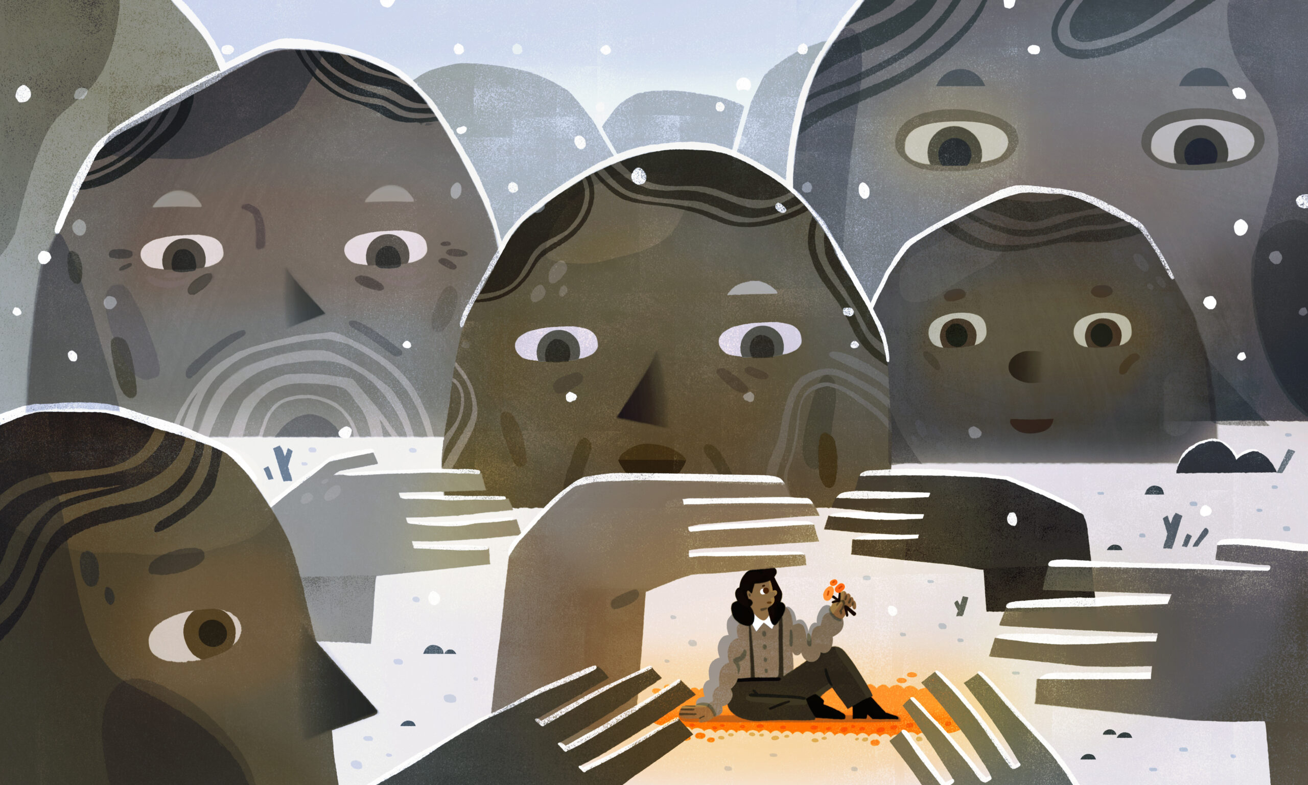 The illustration depicts a family of rocks providing shelter with hands for the girl in the snowy weather. The girl is seated on a blossoming orange flower field picking flowers. 