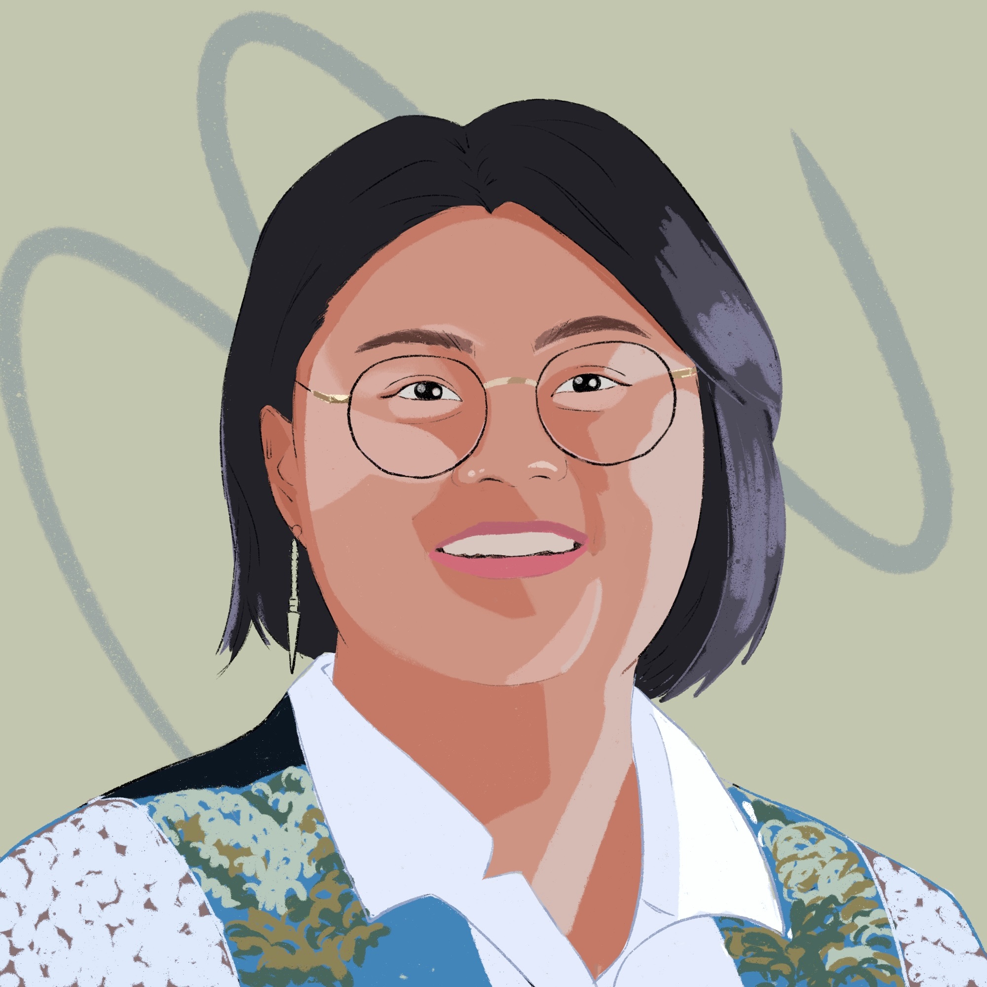A digital illustration of NextGen mentee Lucia Cheng smiling.