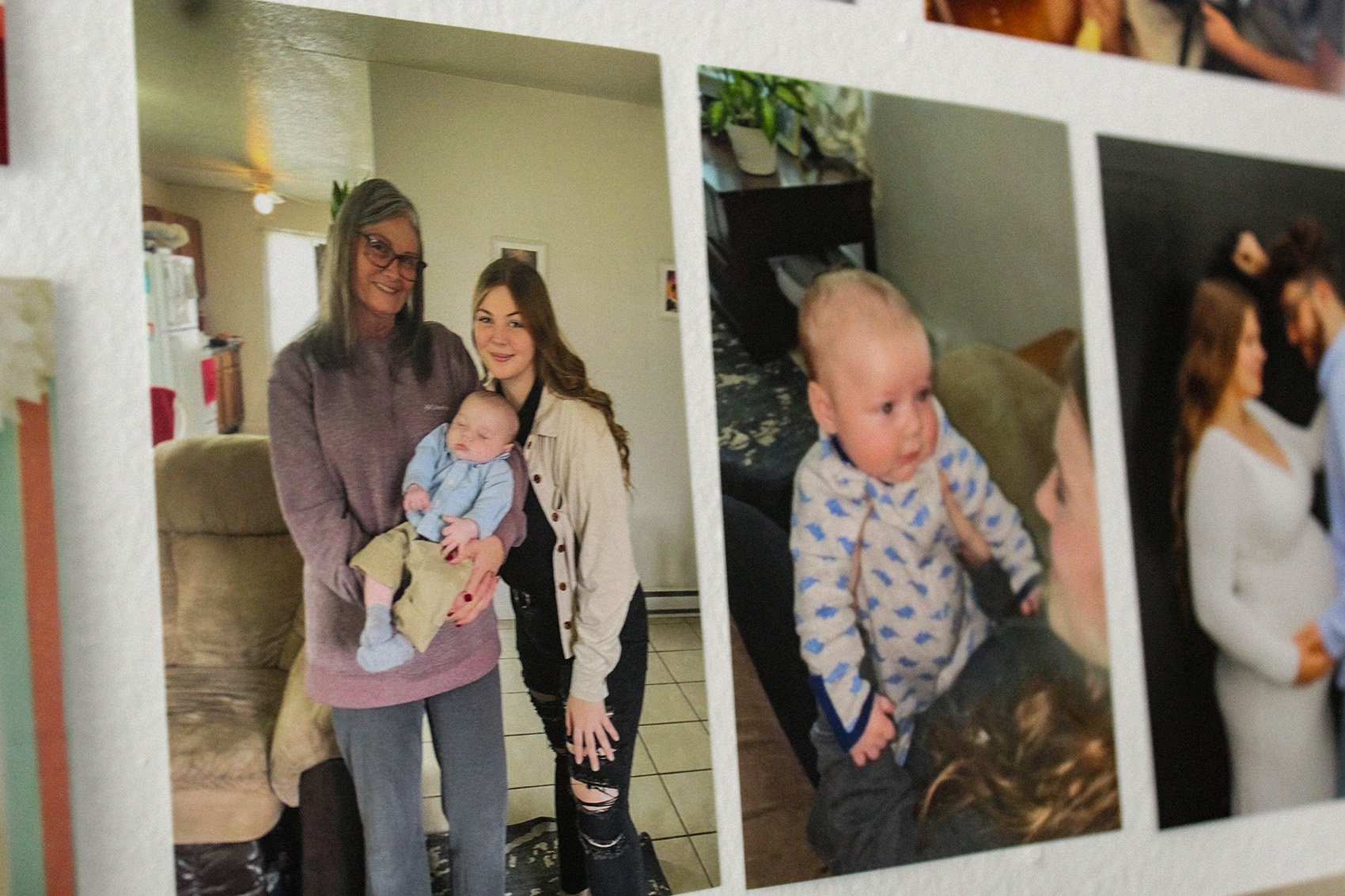 hree pictures on a white wall. Photo on the left shows an older woman with dark/gray hair and a young woman holding a baby in the middle of them. Middle photo shows the baby being held (center) and a woman holding the baby in the bottom right. Photo on the far right shows a pregnant woman facing a man.