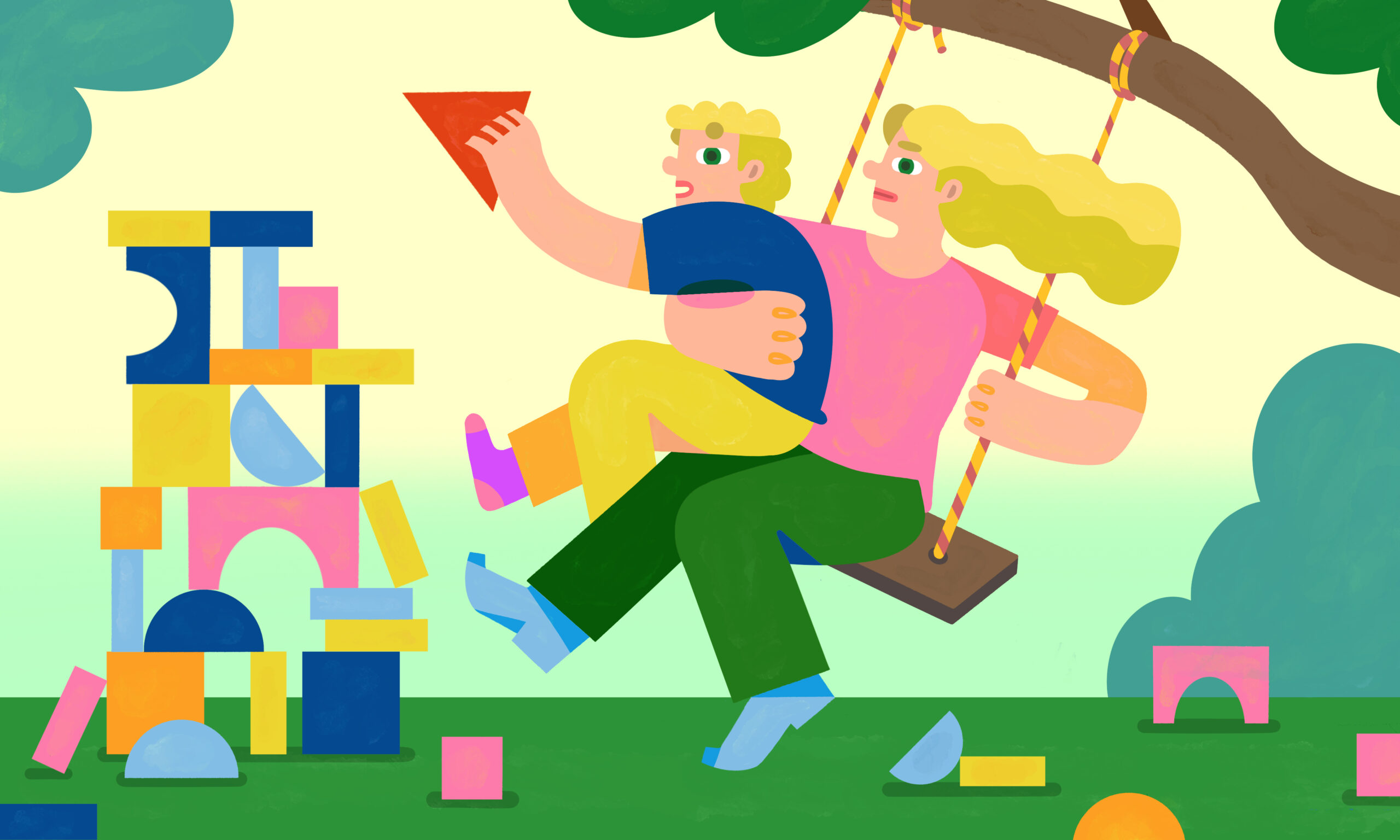 The illustration depicts a mother and her son on a swing. The son is building a house with colorful toy blocks. He sets a red triangle as the roof of the house he built.